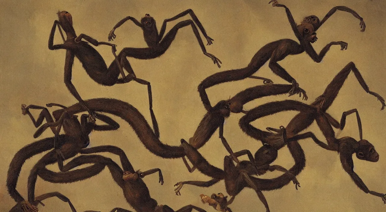 Prompt: a giant ant of monkeys, by most renowned artist of the romanticism, hiperrealism,