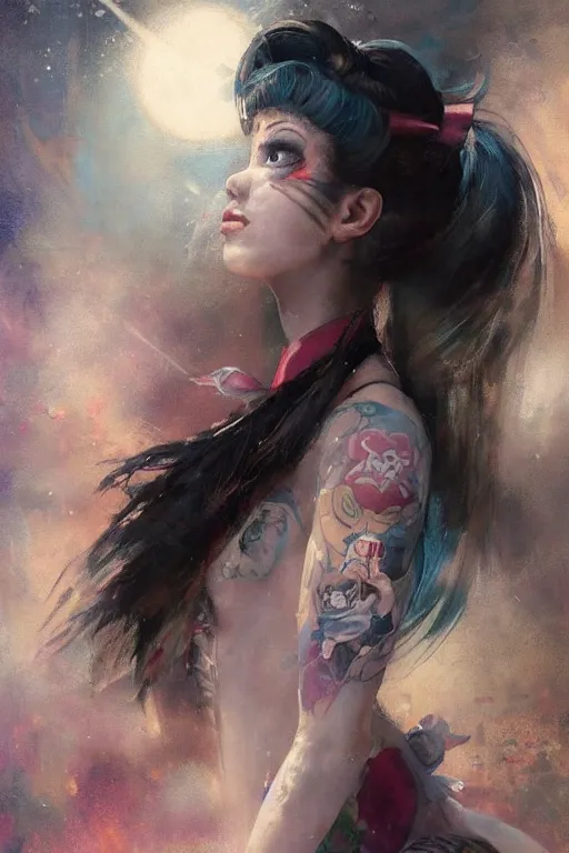 Prompt: an epic painting of sailor moon as a real girl, oriental tattoos, realism, dramatic, intricate, by jeremy mann and greg rutkowski, trending on artstation, oil on canvas