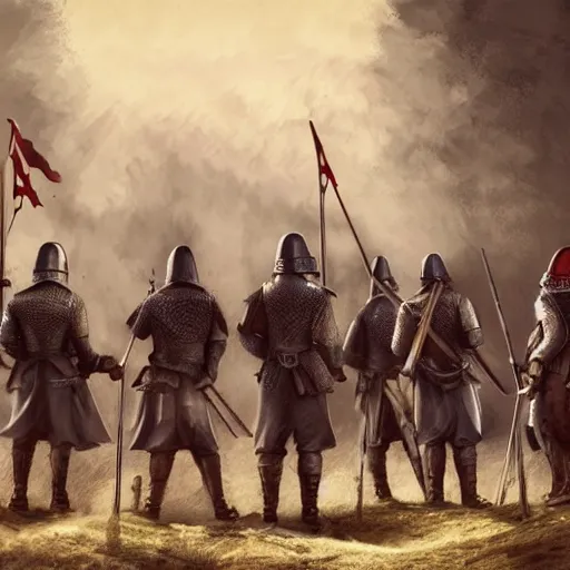 Image similar to realistic, 5 medieval soldiers, in line, pikes, hellbards, banner, flag, mist, picture from behind, epic, digital art, illustration, fantasy, realistic sketch, dark