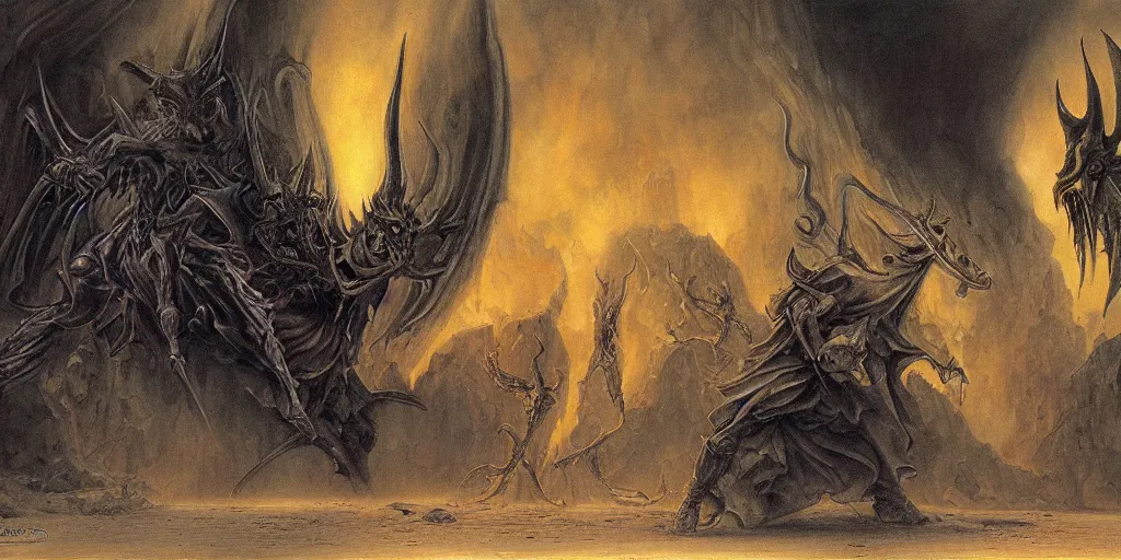 Prompt: art by john howe of the repelling of an invader making a deal with the devil.