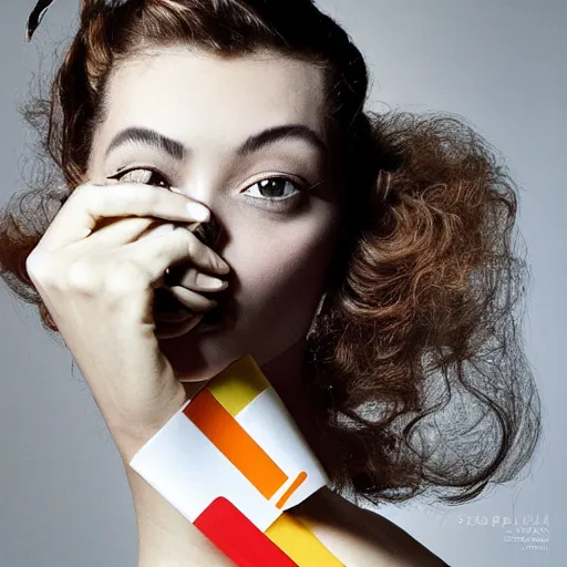 Prompt: a studio close - up portrait of a beautiful fashion model curls her hair. surreal photograph, lo - fi, polished look, silly and serious, hermes ad, fashion photography, toiletpaper magazine, 3 5 mm photograph, colourful, by pierpaolo ferrari, maurizio cattelan