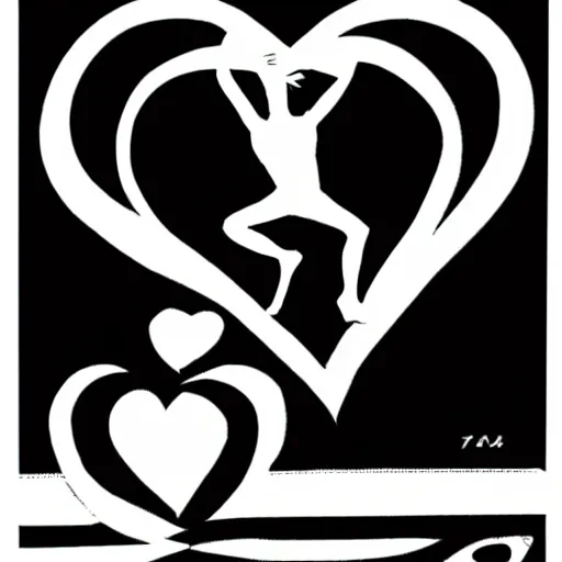 Prompt: clean black and white print on white paper, high contrast, logo of a symmetric heart with a stylized gymnast human dancer human silhouette inside