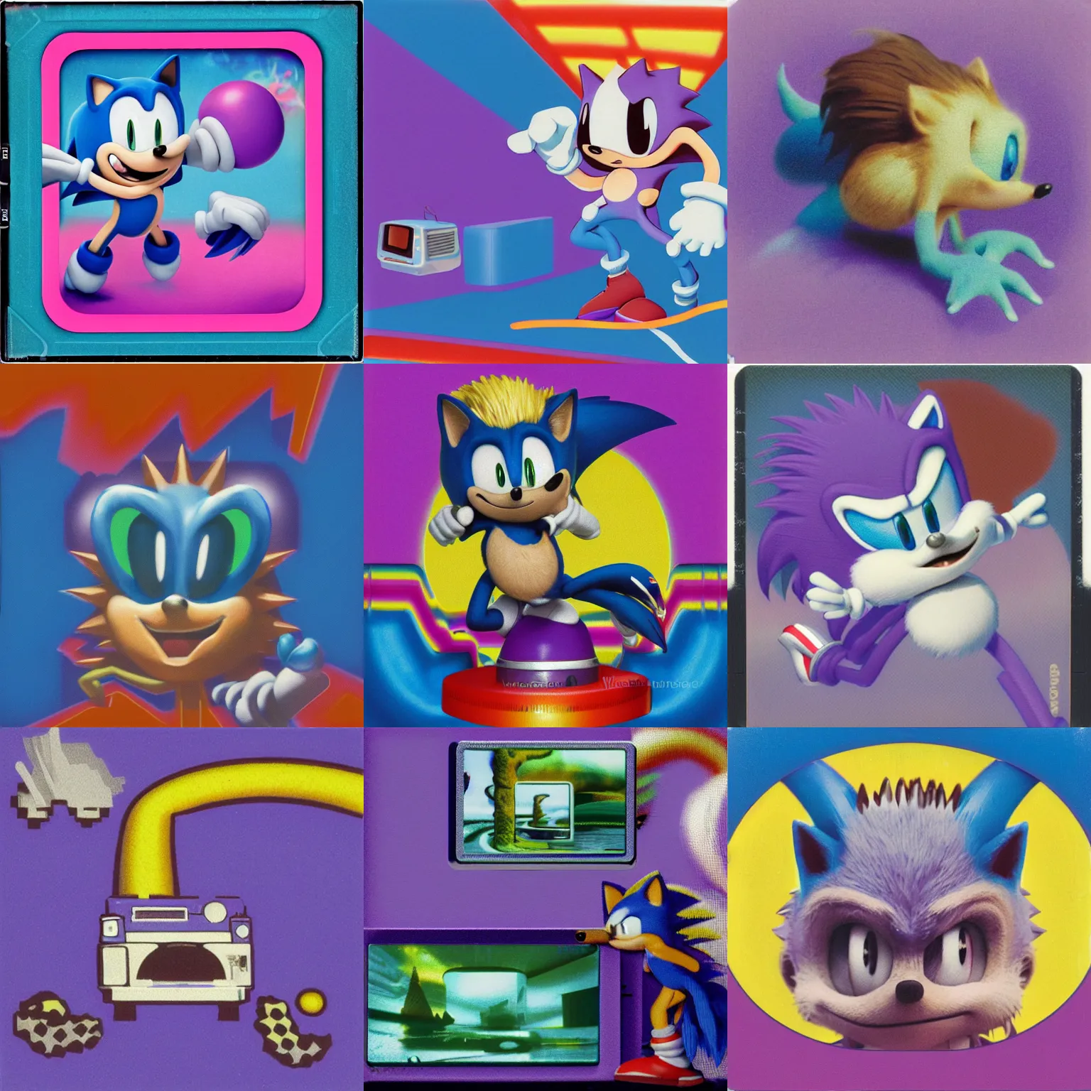 Prompt: polaroid instax portrait of sonic hedgehog and a matte painting landscape of a surreal, professional, soft pastels, high quality airbrush art album cover of a liquid dissolving airbrush art lsd dmt sonic the hedgehog swimming through cyberspace, purple checkerboard background, 1 9 9 0 s 1 9 9 2 sega rareware videogame album cover