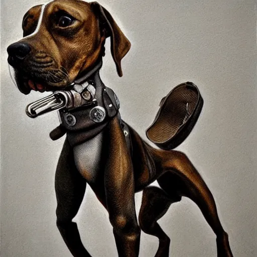 Prompt: a hyperrealistic painting of a steampunk pitbull dog, by john kenn mortensen, highly detailed,