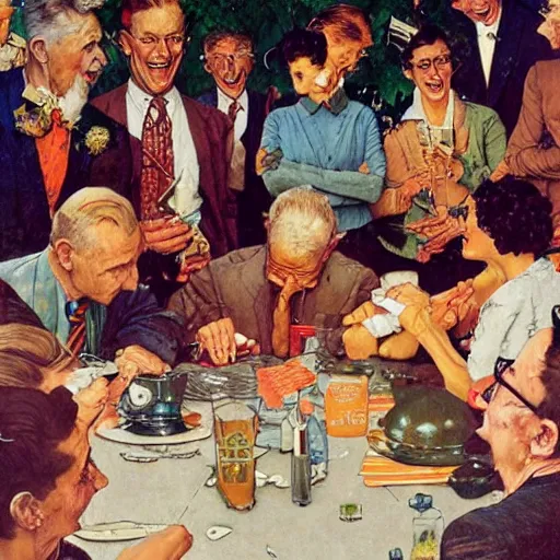 Image similar to an iconic beautiful illustration by norman rockwell of a group of friends gathering around to watch a slideshow pictures from a recent vacation trip, trending on artstation, highly detailed