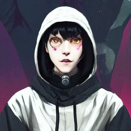 Image similar to a pale skinny white young girl with black hair, the hime cut, 1 8, in a black hoodie, and a cat, apex legends character, digital illustration portrait design, by android jones and greg rutkowski, retrowave color scheme, detailed, cinematic lighting, wide angle action dynamic portrait