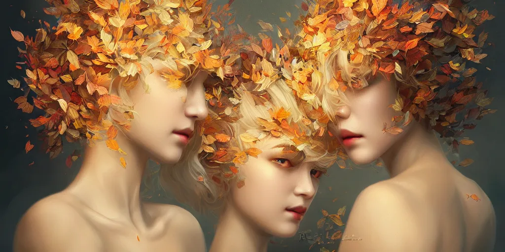 Image similar to breathtaking detailed concept art painting art deco pattern of curly short hair blonde goddesses faces amalgamation autumn leaves, by hsiao - ron cheng and volegov, bizarre compositions, exquisite detail, extremely moody lighting, 8 k