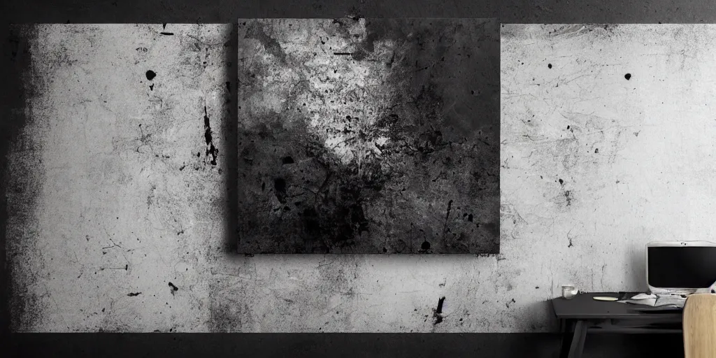 Prompt: a photo of square canvas mounted on a black wall, grunge, messy, ruined