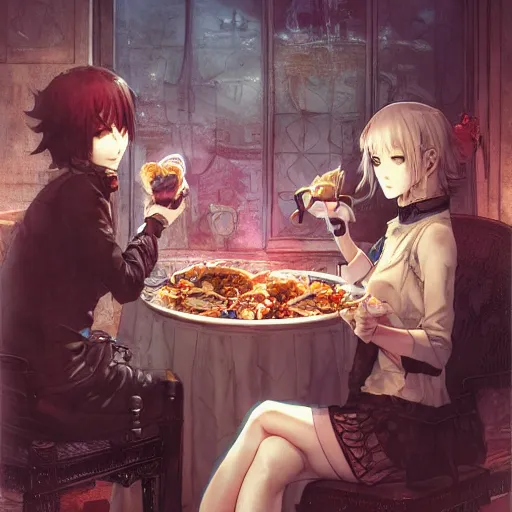 Image similar to goth woman eating dinner color page, tankoban, 4 k, tone mapping, akihiko yoshida, james jean andrei riabovitchev marc simonetti, yoshitaka amano, long hair, curly, h. hydrochaeri