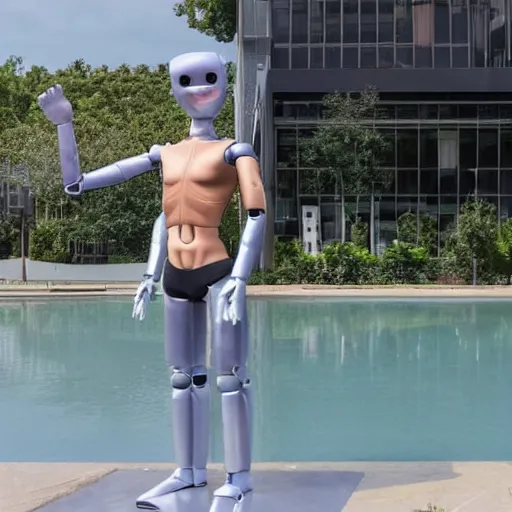 Image similar to a realistic detailed photo of a guy who is an attractive humanoid who is half robot and half humanoid, who is a male android, soccer player timo werner, shiny skin, posing like a statue, blank stare, by the pool, on display, showing off his muscles, humanoid robot, frozen ice statue, made of ice