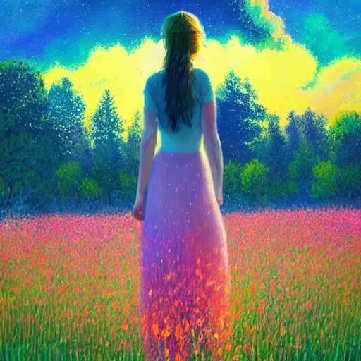 Prompt: girl made from surreal flowers, standing in flower field, big trees, sunrise dramatic light, impressionist painting, colorful clouds, digital painting, pointillism, artstation, simon stalenhag