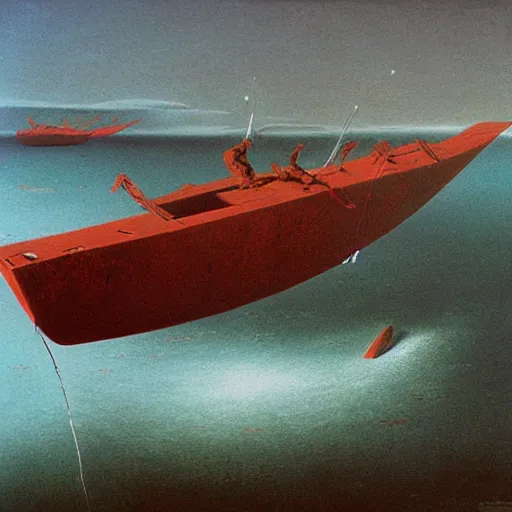 Image similar to a combat airskiff by Zdzisław Beksiński, oil on canvas