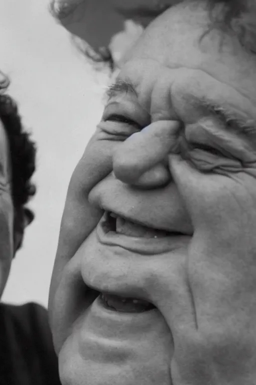 Image similar to close - up, photography of coluche and pierre desproges laughing, clouds everywhere