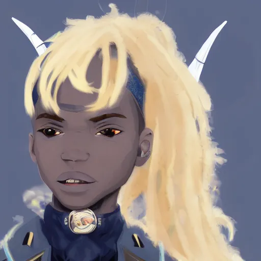 Image similar to african american man with blue eyes, blonde hair, horns, wearing steampunk attire, highly detailed, digital painting, artstation, matte, by makoto shinkai, animation style