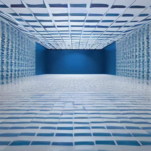 Image similar to flooded room made of white tiles, liminal space, surreal, minimalist architecture, blue water,