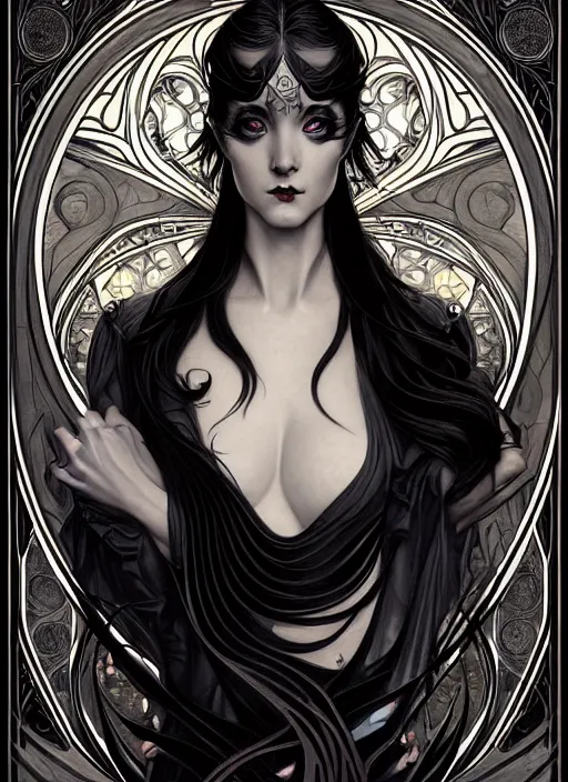 Image similar to an art nouveau, black dragon illustration in the style of charlie bowater, and in the style of donato giancola, and in the style of charles dulac. very large, clear, expressive, intelligent eyes. symmetrical, centered, ultrasharp focus, dramatic lighting, photorealistic digital painting, intricate ultra detailed background.