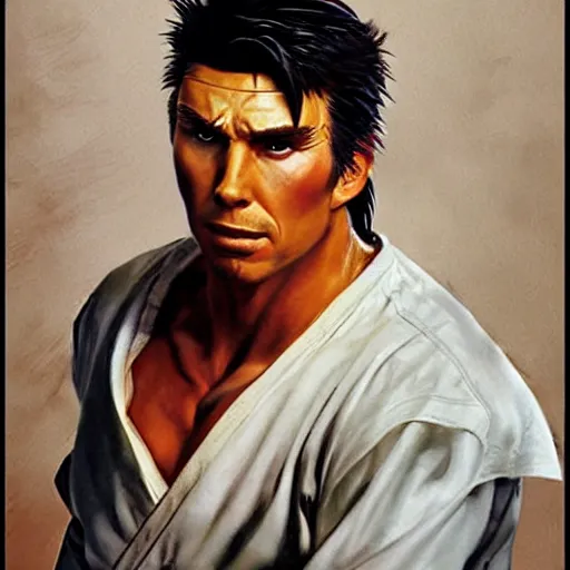 Image similar to dax shepard as ryu from street fighter, painting by frank frazetta, 4 k, ultra realistic, highly detailed,