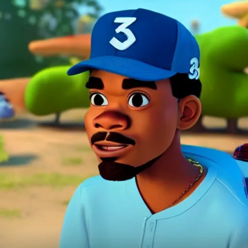 Image similar to a tv still of Chance The Rapper starring in a 2006 Pixar Animated movie