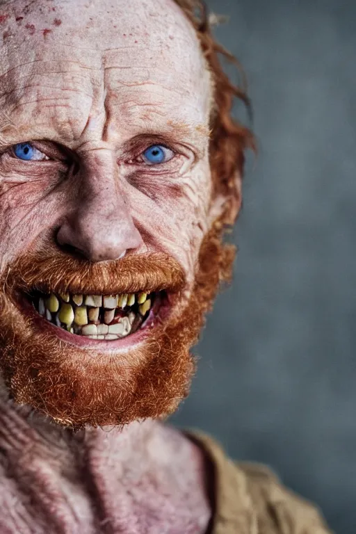 Image similar to 3 / 4 body photo of a old ginger men crackhead! with disgusting teeth, shady dark backalley at night, nerdy appearance, smooth, sharp, 8 5 mm, f / 1. 3