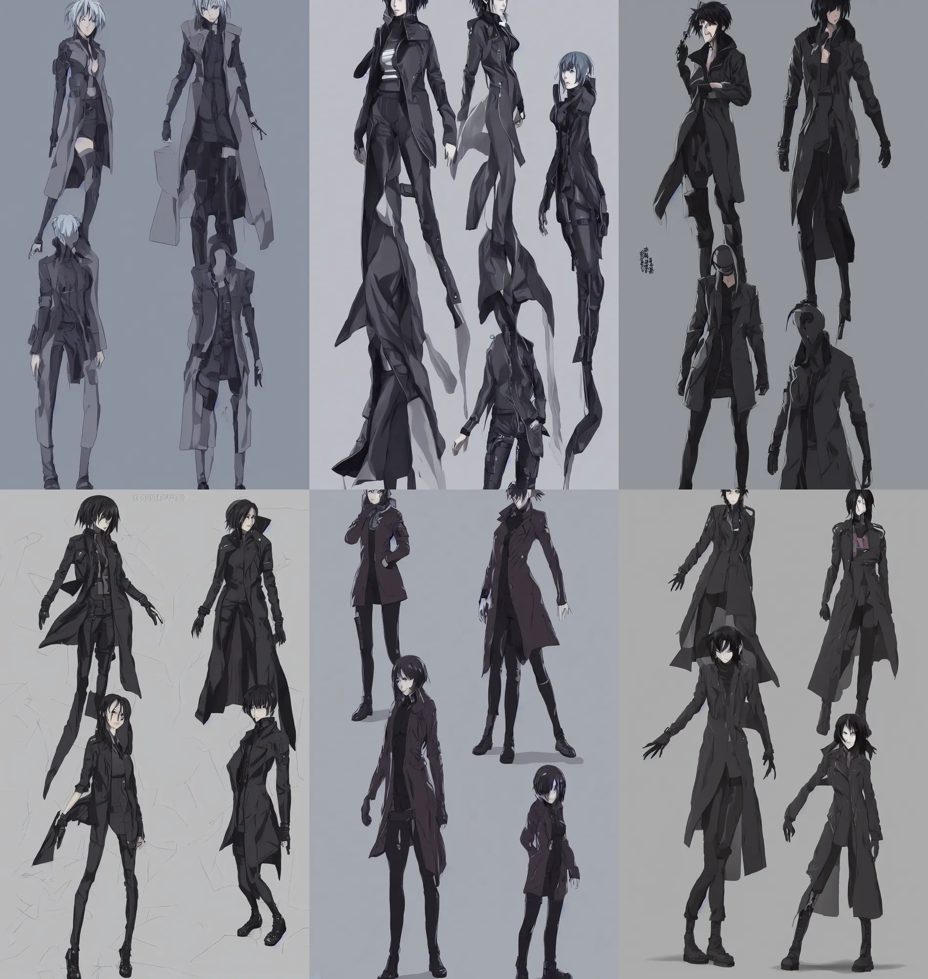 Prompt: a full body character concept of one single female anime cyberpunk dream police detective wearing a long trench coat, inspired by ergo proxy and ghost in the shell, clear outfit design, techwear, trending on artstation