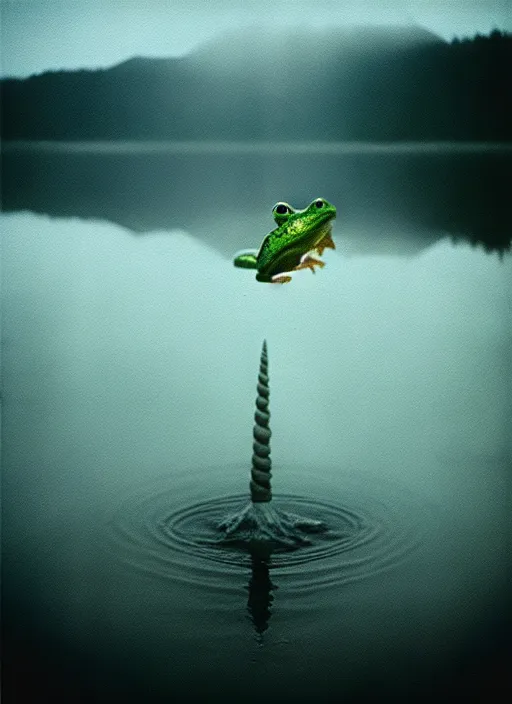 Image similar to “unicorn frog vertically hovering above misty lake waters in jesus christ pose, low angle, long cinematic shot by Andrei Tarkovsky, paranormal, eerie, mystical”