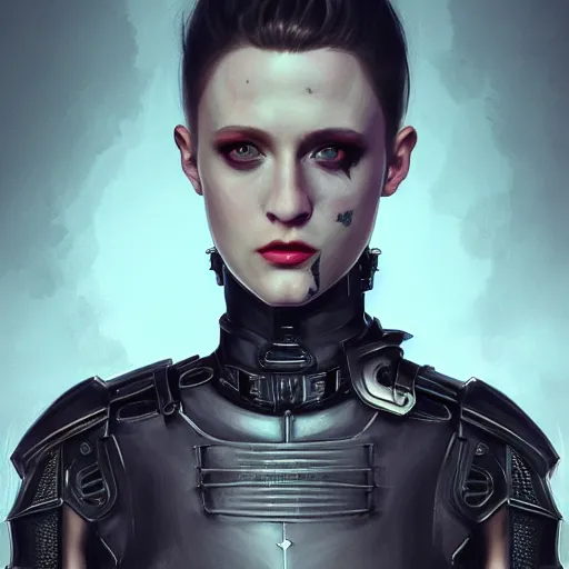 Image similar to evan rachel wood portrait, dystopia core, apocalyptic, armor, warrior, dramatic, sharp focus, fiction, neon, fantasy, hyper detailed, digital art, trending in artstation, cinematic lighting, studio quality, smooth render, unreal engine 5 rendered, octane rendered, art style and nixeu and wlop and krenz cushart