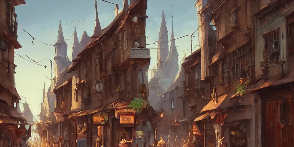 Image similar to a busy fantasy street within a fascinating old city, quirky shops, narrow streets, old buildings, by Sylvain Sarrailh, cinematic, simple but effective composition, clean lines, beautiful digital painting, oil painting, detailed, dungeons and dragons, lord of the rings