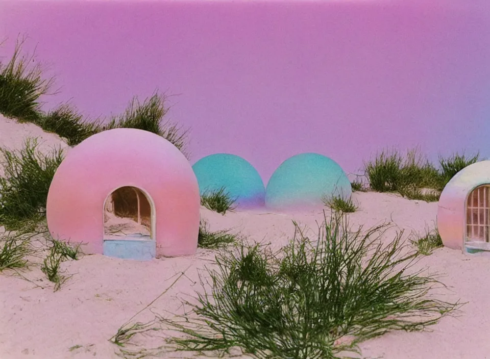 Image similar to a pastel coloured vintage family holiday photo of an empty beach from an alien dreamstate world with chalky pink iridescent!! sand, reflective lavender ocean water, dim bioluminescent plant life and an igloo shaped shiny plastic festival stage and transparent box speakers!!. glare. refraction, volumetric light.