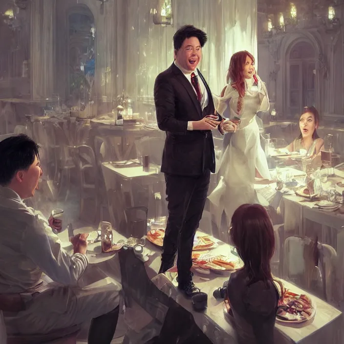 Image similar to michael mcintyre flirting with a singing waitress, elegant, real life skin, intricate artwork, high detailed, artstation, concept art, smooth, sharp focus, art by artgerm and greg rutkowski