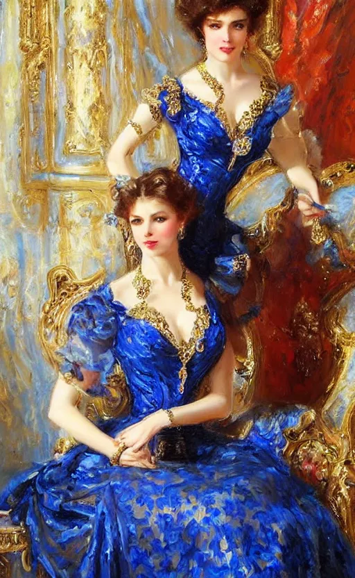 Image similar to Elegant laydy in blue baroque dress with gold ornaments. By Konstantin Razumov, highly detailded