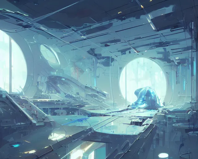 Prompt: melting cybernetic hall in a futuristic organic lab, ross tran, ismail inceoglu, sylvain sarrailh