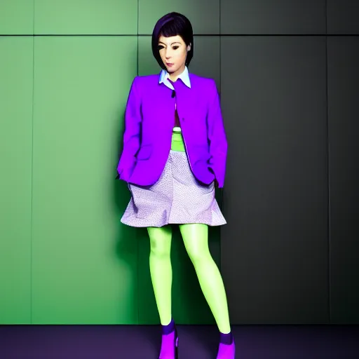 Image similar to anthropomorphic light green yoshi wearing a purple jacket, black shirt, purple skirt, purple heels, nintendo