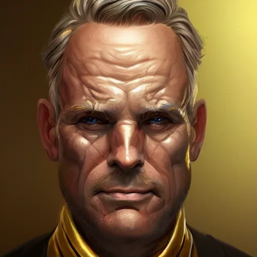 Image similar to a painted portrait of a middle-aged man in a golden suit, D&D, sci-fi, elegant, hopeful, muscular, highly detailed, digital painting, artstation, concept art, smooth, sharp focus, illustration