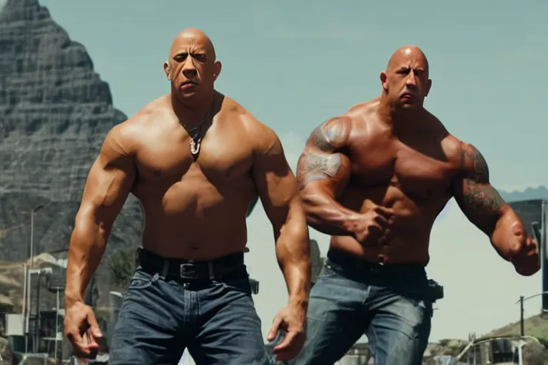 Image similar to vin diesel as dwayne johnson flexing and yelling let's go!, fast furious, low perspective, isometric perspective, cinematic still, movie still, long lens, shallow depth of field, bokeh, anamorphic lens flare, 8 k, hyper detailed, 3 5 mm film grain