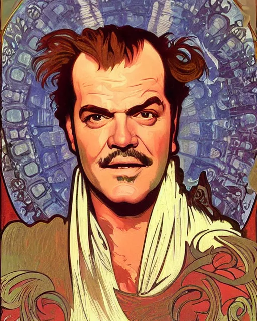 Image similar to a portrait painting of ( ( ( jack nicholson ) ) ) in the style of alphonse mucha!!!