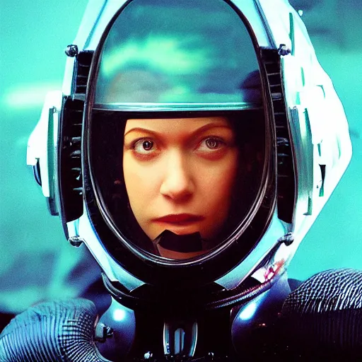 Image similar to beautiful extreme closeup portrait photo in style of 1 9 9 0 s frontiers in retrofuturism deep diving helmet fashion magazine wachowski edition, highly detailed, focus on full body mirror in foreground, soft lighting