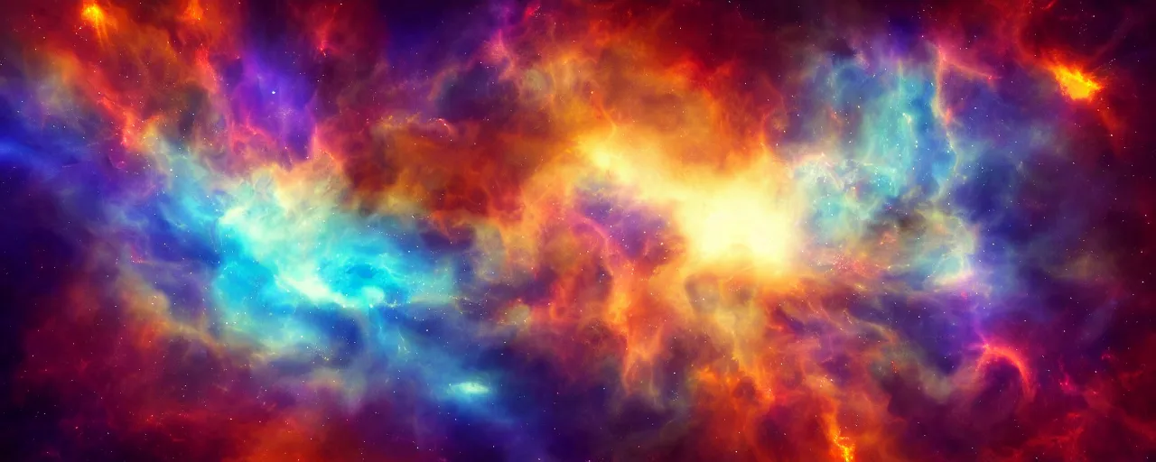 Image similar to warm colours, cinematic render of atmospheric deep space, nebula tendrils, glowing epicentre, volumetric lighting, cathrin machin