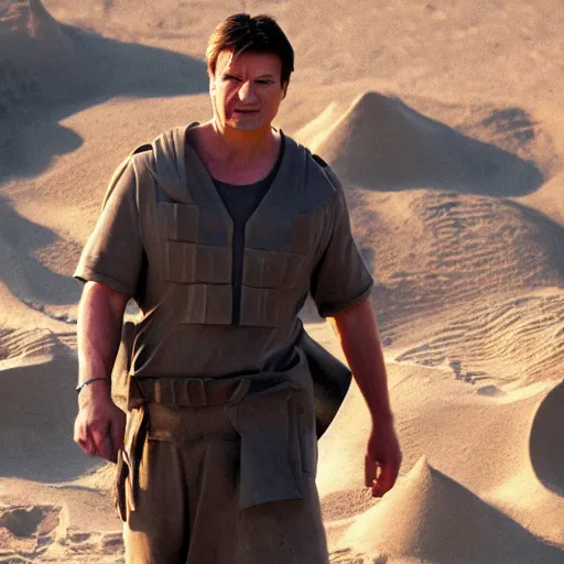 Image similar to nathan fillion as a sandcastle, beautiful composition, cinematic lighting