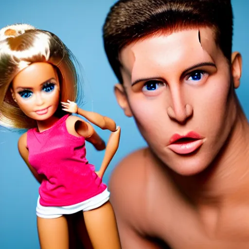 Prompt: a battered Barbie doll standing next to a Ken doll holding a beer, hyper realistic, sharp focus