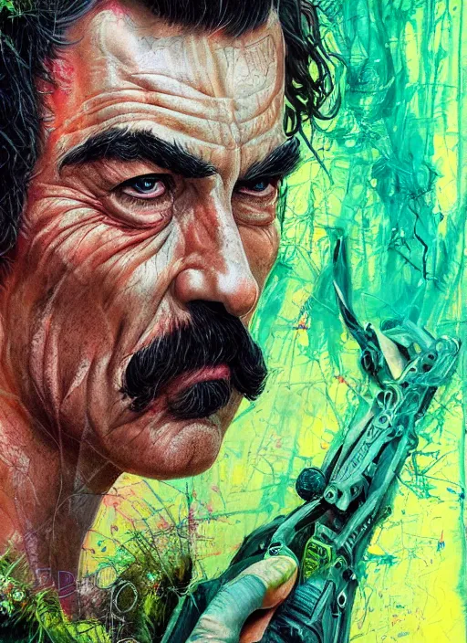 Image similar to a demon slayer portrait of tom selleck, tall, pale - skinned, slender with lime green eyes and long eyelashes by stanley artgerm, tom bagshaw, arthur adams, carne griffiths, trending on deviant art, street art, face enhance, chillwave, maximalist, full of color, glittering