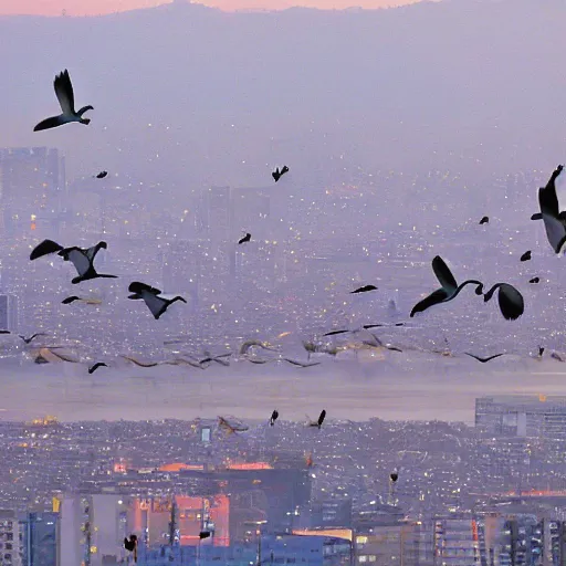 Prompt: birds flying upon osaka at sunrise by hayao miyazaki