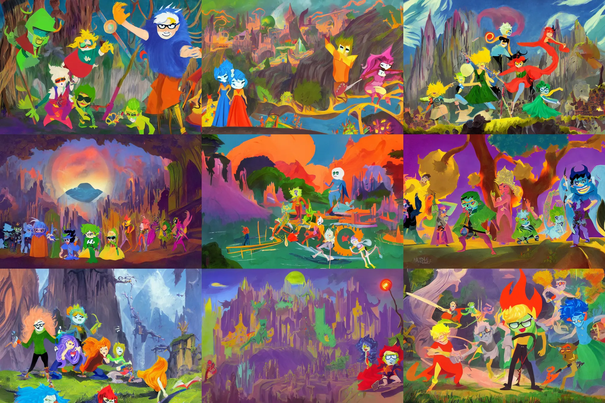 Prompt: The Homestuck trolls, cinematic, epic, highly-detailed, photo realistic concept art by Mary Blair