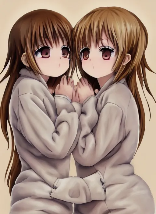 Prompt: highly detailed art of one blonde and one brown haired anime girl in onesies hugging each other looking at us, detailed eyes, happy, excited, digital art, cute, anime, detailed faces, well drawn faces, cute faces, hand drawn, 8 k, trending on artstation, official media