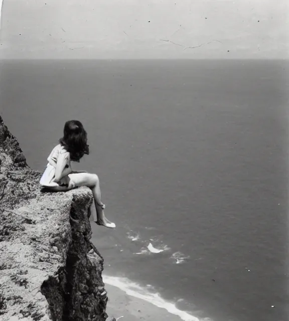 Prompt: a vintage photo of a girl sitting on a cliff overlooking the beach.