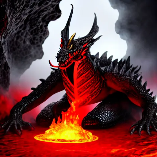 Prompt: black dragon with red eyes guarding his treasure in a lava cave, 4k, ultra realistic