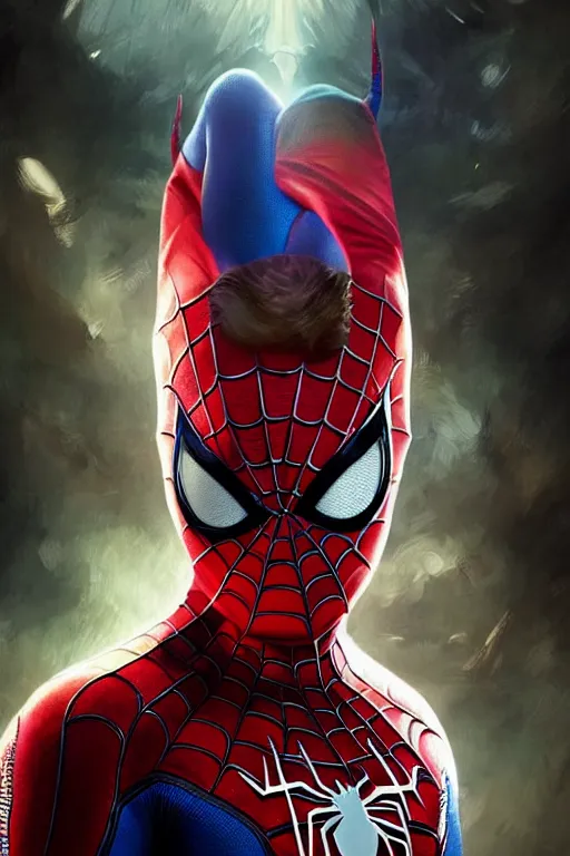 Image similar to majestic and regal portait of asian toddler spiderman, marvel, perfect face, beautiful, intricate, epic, elegant, fantasy, highly detailed, digital painting, hard focus, beautiful volumetric lighting, epic light, ultra detailed, by leesha hannigan, ross tran, thierry doizon, kai carpenter, ignacio fernandez rios