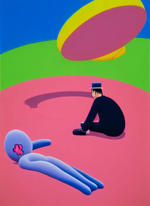 Image similar to a men is sleeping in a park love by shusei nagaoka, kaws, david rudnick, airbrush on canvas, pastell colours, cell shaded, 8 k