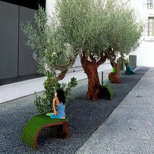 Image similar to creative concrete benches, colorful, olive trees