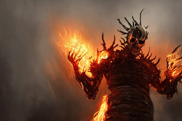 Image similar to Ghost Rider, flaming grim reaper, upper body, dark souls concept art, Feng Zhu concept art, dramatic lighting, highly stylized, trending on artstation, high-quality wallpaper, desktopography