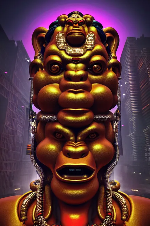 Prompt: high quality 3 d render post - rococo cyberpunk hanuman! head building, neon madhubani, open mouth, highly detailed, in sci - fi shri ram centre, cinematic smooth unreal engine, lee madgwick & liam wong, dramatic light, low angle, uhd 8 k, sharp focus